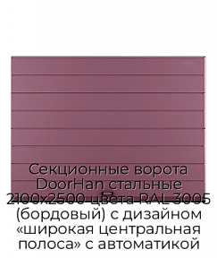 Секционные ворота DoorHan стальные 2100х2500 цвета RAL 3005 (бордовый) с дизайном «широкая центральная полоса» с автоматикой