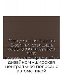 Секционные ворота DoorHan стальные 2800х3000 цвета RAL 8017 (коричнево-красный) с дизайном «широкая центральная полоса» с автоматикой preview 1