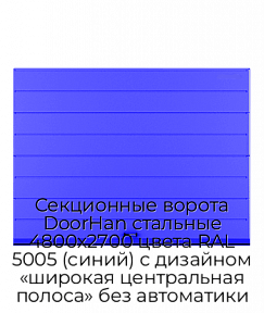 Секционные ворота DoorHan стальные 4800х2700 цвета RAL 5005 (синий) с дизайном «широкая центральная полоса» без автоматики