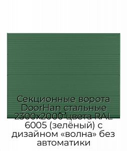 Секционные ворота DoorHan стальные 2300х2000 цвета RAL 6005 (зелёный) с дизайном «волна» без автоматики preview 1