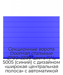Секционные ворота DoorHan стальные 2700х2200 цвета RAL 5005 (синий) с дизайном «широкая центральная полоса» с автоматикой