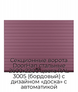 Секционные ворота DoorHan стальные 2600х2200 цвета RAL 3005 (бордовый) с дизайном «доска» с автоматикой preview 1