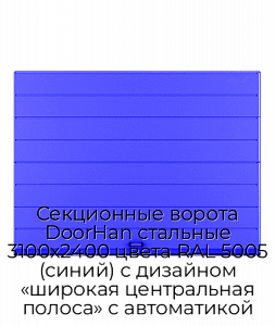 Секционные ворота DoorHan стальные 3100х2400 цвета RAL 5005 (синий) с дизайном «широкая центральная полоса» с автоматикой preview 1