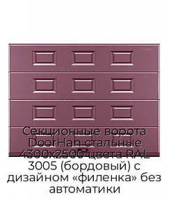 Секционные ворота DoorHan стальные 4300х2500 цвета RAL 3005 (бордовый) с дизайном «филенка» без автоматики