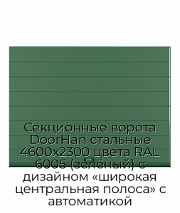 Секционные ворота DoorHan стальные 4600х2300 цвета RAL 6005 (зелёный) с дизайном «широкая центральная полоса» с автоматикой preview 1