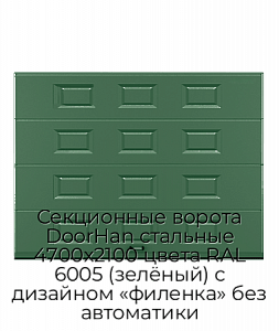 Секционные ворота DoorHan стальные 4700х2100 цвета RAL 6005 (зелёный) с дизайном «филенка» без автоматики preview 1