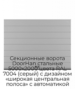 Секционные ворота DoorHan стальные 5000х2000 цвета RAL 7004 (серый) с дизайном «широкая центральная полоса» с автоматикой