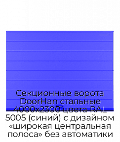 Секционные ворота DoorHan стальные 4000х2300 цвета RAL 5005 (синий) с дизайном «широкая центральная полоса» без автоматики