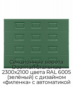 Секционные ворота DoorHan стальные 2300х2100 цвета RAL 6005 (зелёный) с дизайном «филенка» с автоматикой preview 1