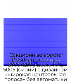 Секционные ворота DoorHan стальные 2800х2900 цвета RAL 5005 (синий) с дизайном «широкая центральная полоса» без автоматики