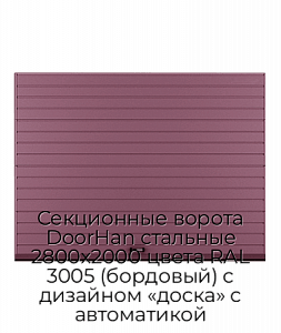 Секционные ворота DoorHan стальные 2800х2000 цвета RAL 3005 (бордовый) с дизайном «доска» с автоматикой preview 1