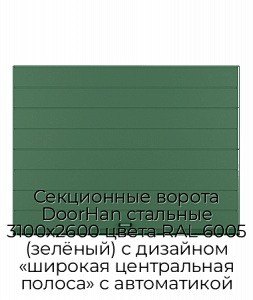 Секционные ворота DoorHan стальные 3100х2600 цвета RAL 6005 (зелёный) с дизайном «широкая центральная полоса» с автоматикой preview 1