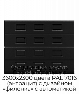 Секционные ворота DoorHan стальные 3600х2300 цвета RAL 7016 (антрацит) с дизайном «филенка» с автоматикой preview 1