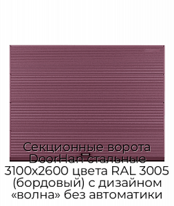 Секционные ворота DoorHan стальные 3100х2600 цвета RAL 3005 (бордовый) с дизайном «волна» без автоматики preview 1