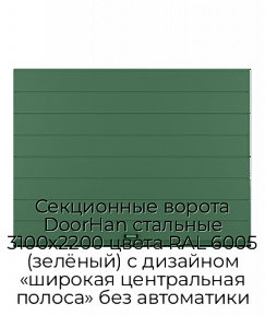 Секционные ворота DoorHan стальные 3100х2200 цвета RAL 6005 (зелёный) с дизайном «широкая центральная полоса» без автоматики