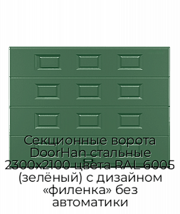 Секционные ворота DoorHan стальные 2300х2100 цвета RAL 6005 (зелёный) с дизайном «филенка» без автоматики preview 1