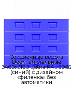 Секционные ворота DoorHan стальные 3400х2100 цвета RAL 5005 (синий) с дизайном «филенка» без автоматики