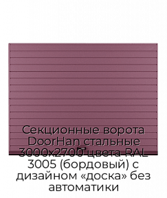 Секционные ворота DoorHan стальные 3000х2700 цвета RAL 3005 (бордовый) с дизайном «доска» без автоматики