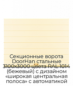 Секционные ворота DoorHan стальные 3100х3000 цвета RAL 1014 (бежевый) с дизайном «широкая центральная полоса» с автоматикой