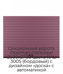 Секционные ворота DoorHan стальные 2600х2700 цвета RAL 3005 (бордовый) с дизайном «доска» с автоматикой