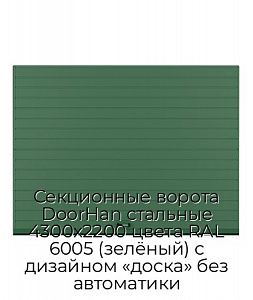 Секционные ворота DoorHan стальные 4300х2200 цвета RAL 6005 (зелёный) с дизайном «доска» без автоматики preview 1