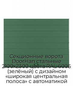Секционные ворота DoorHan стальные 2100х2300 цвета RAL 6005 (зелёный) с дизайном «широкая центральная полоса» с автоматикой