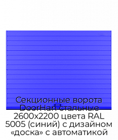 Секционные ворота DoorHan стальные 2600х2200 цвета RAL 5005 (синий) с дизайном «доска» с автоматикой