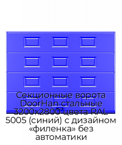 Секционные ворота DoorHan стальные 3200х2800 цвета RAL 5005 (синий) с дизайном «филенка» без автоматики