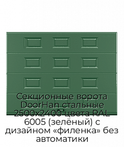 Секционные ворота DoorHan стальные 2500х2400 цвета RAL 6005 (зелёный) с дизайном «филенка» без автоматики