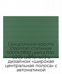 Секционные ворота DoorHan стальные 5000х2800 цвета RAL 6005 (зелёный) с дизайном «широкая центральная полоса» с автоматикой preview 1