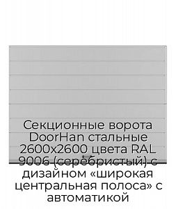Секционные ворота DoorHan стальные 2600х2600 цвета RAL 9006 (серебристый) с дизайном «широкая центральная полоса» с автоматикой preview 1