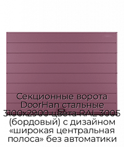 Секционные ворота DoorHan стальные 3100х2900 цвета RAL 3005 (бордовый) с дизайном «широкая центральная полоса» без автоматики