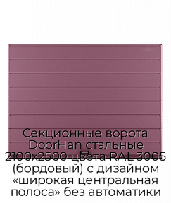 Секционные ворота DoorHan стальные 2100х2500 цвета RAL 3005 (бордовый) с дизайном «широкая центральная полоса» без автоматики