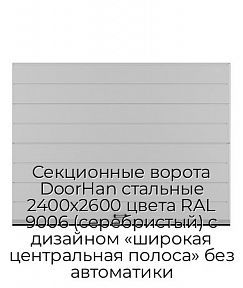 Секционные ворота DoorHan стальные 2400х2600 цвета RAL 9006 (серебристый) с дизайном «широкая центральная полоса» без автоматики