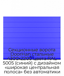 Секционные ворота DoorHan стальные 4300х2200 цвета RAL 5005 (синий) с дизайном «широкая центральная полоса» без автоматики