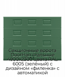 Секционные ворота DoorHan стальные 4900х2300 цвета RAL 6005 (зелёный) с дизайном «филенка» с автоматикой preview 1