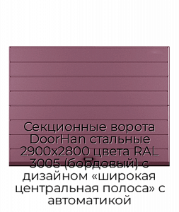 Секционные ворота DoorHan стальные 2900х2800 цвета RAL 3005 (бордовый) с дизайном «широкая центральная полоса» с автоматикой preview 1