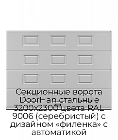 Секционные ворота DoorHan стальные 3200х2300 цвета RAL 9006 (серебристый) с дизайном «филенка» с автоматикой