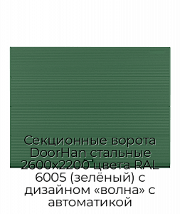 Секционные ворота DoorHan стальные 2600х2200 цвета RAL 6005 (зелёный) с дизайном «волна» с автоматикой preview 1