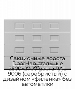 Секционные ворота DoorHan стальные 2500х2700 цвета RAL 9006 (серебристый) с дизайном «филенка» без автоматики preview 1