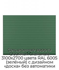 Секционные ворота DoorHan стальные 3100х2700 цвета RAL 6005 (зелёный) с дизайном «доска» без автоматики