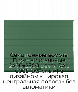 Секционные ворота DoorHan стальные 2400х2500 цвета RAL 6005 (зелёный) с дизайном «широкая центральная полоса» без автоматики preview 1