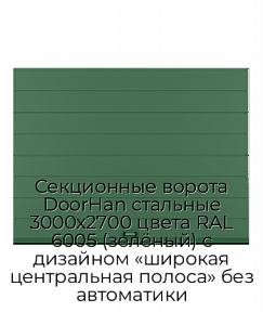 Секционные ворота DoorHan стальные 3000х2700 цвета RAL 6005 (зелёный) с дизайном «широкая центральная полоса» без автоматики