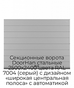 Секционные ворота DoorHan стальные 2500х2400 цвета RAL 7004 (серый) с дизайном «широкая центральная полоса» с автоматикой
