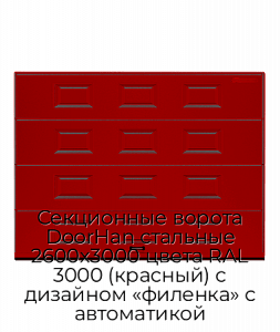 Секционные ворота DoorHan стальные 2600х3000 цвета RAL 3000 (красный) с дизайном «филенка» с автоматикой preview 1
