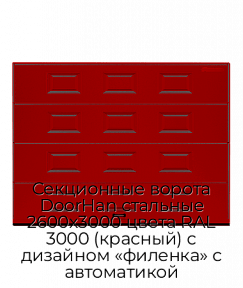 Секционные ворота DoorHan стальные 2600х3000 цвета RAL 3000 (красный) с дизайном «филенка» с автоматикой