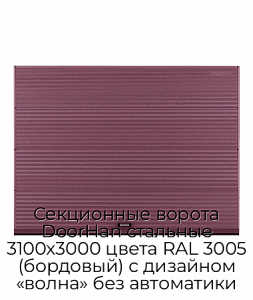 Секционные ворота DoorHan стальные 3100х3000 цвета RAL 3005 (бордовый) с дизайном «волна» без автоматики preview 1
