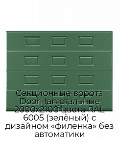 Секционные ворота DoorHan стальные 2000х2100 цвета RAL 6005 (зелёный) с дизайном «филенка» без автоматики
