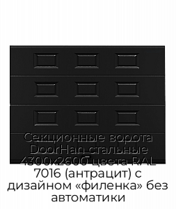 Секционные ворота DoorHan стальные 4300х2600 цвета RAL 7016 (антрацит) с дизайном «филенка» без автоматики preview 1