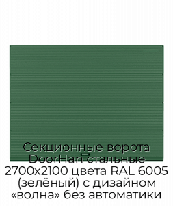 Секционные ворота DoorHan стальные 2700х2100 цвета RAL 6005 (зелёный) с дизайном «волна» без автоматики preview 1